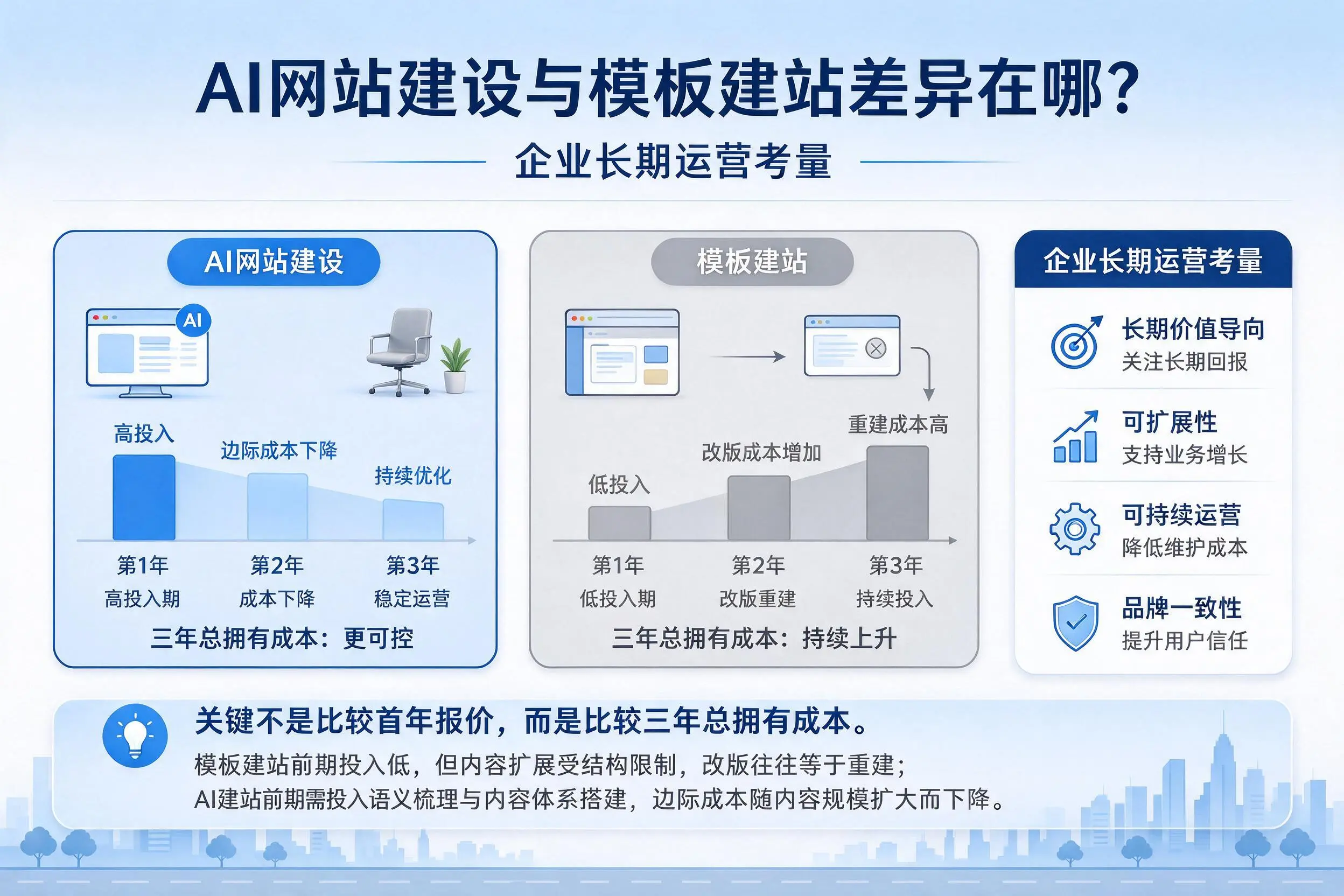 AI网站建设与模板建站差异在哪？张家界企业长期运营考量