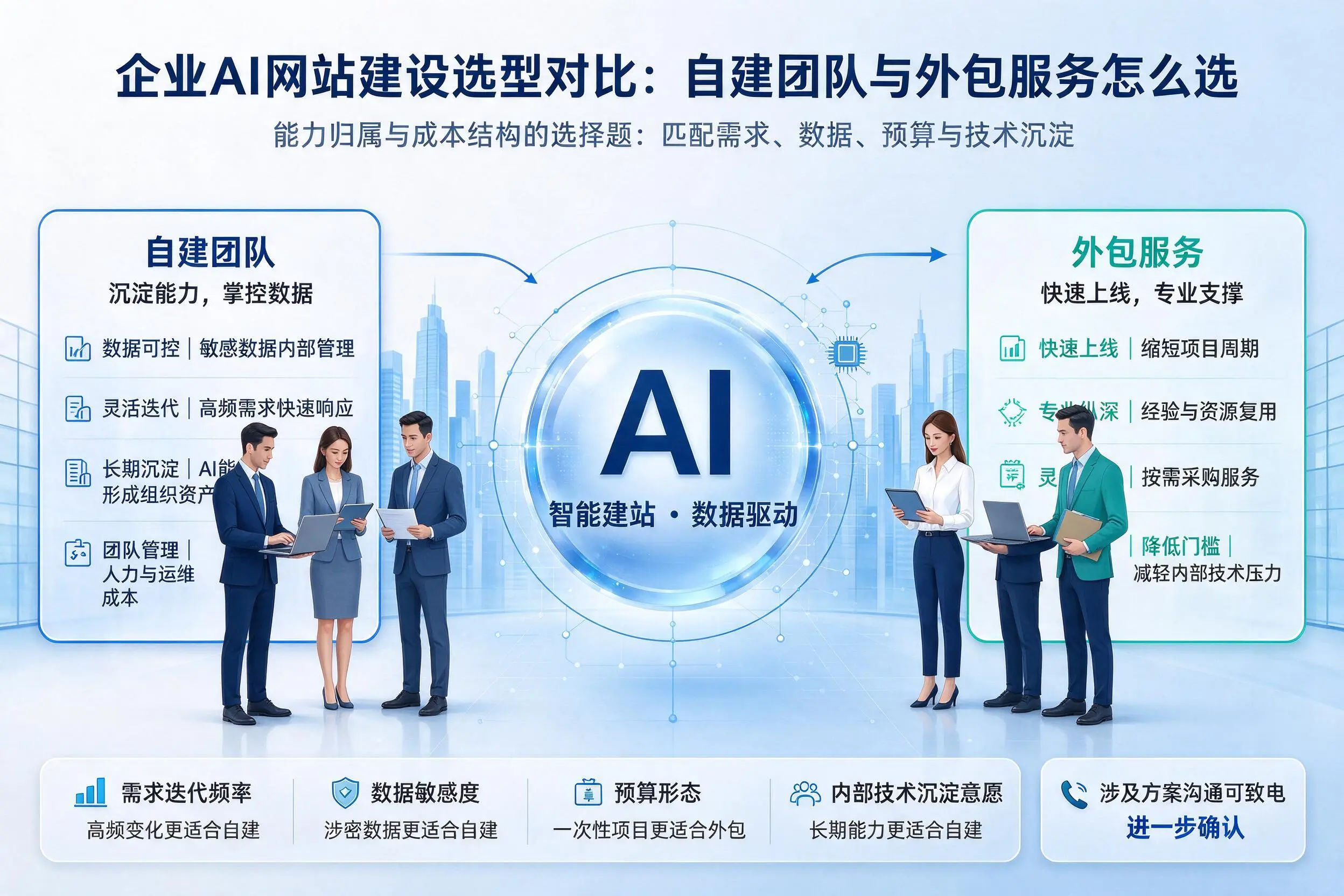 张家界企业AI网站建设选型对比:自建团队与外包服务怎么选